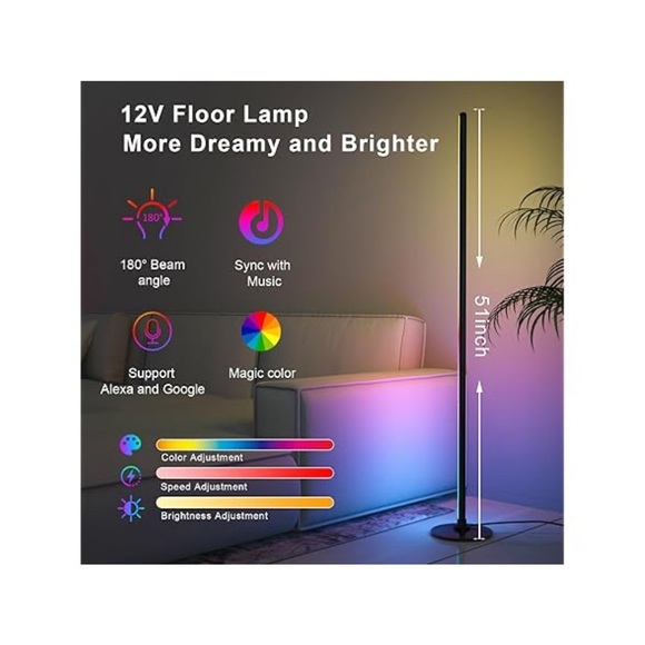 Smart LED Corner Floor Lamp-16M Colors, Music Sync, Alexa/Google Compatible, 51” - Picture 3 of 8